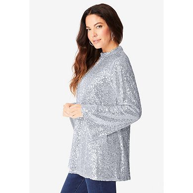 Roaman's Women's Plus Size Sequin Mock Neck Blouse