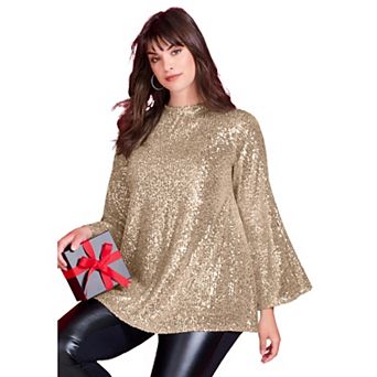 Roaman's Women's Plus Size Sequin Mock Neck Blouse