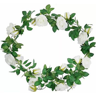 Artificial Rose Vine Flowers Hanging Plants White 7.5 Ft 2 Pcs