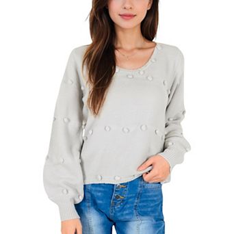 Women's Textured Knit Sweater with Pom Pom Detailing and Balloon Sleeves