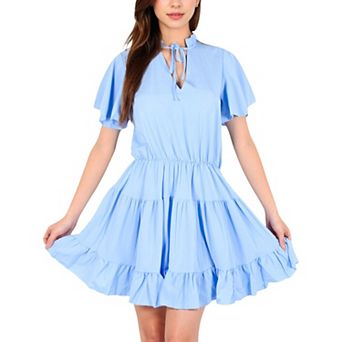 Women's Flutter Sleeve Tiered Dress with Tie Neck and Ruffle Hem