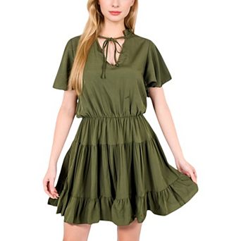 Women's Flutter Sleeve Tiered Dress with Tie Neck and Ruffle Hem