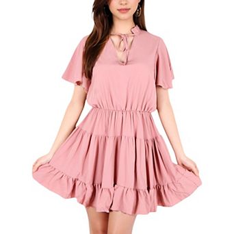 Women's Flutter Sleeve Tiered Dress with Tie Neck and Ruffle Hem