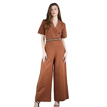 Women's Wide Legs Short Sleeve Casual Jacquard Belted Linen Jumpsuits