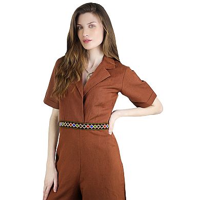 Women's Wide Legs Short Sleeve Casual Jacquard Belted Linen Jumpsuits