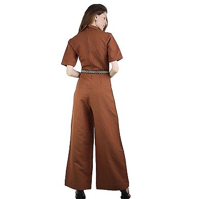 Women's Wide Legs Short Sleeve Casual Jacquard Belted Linen Jumpsuits