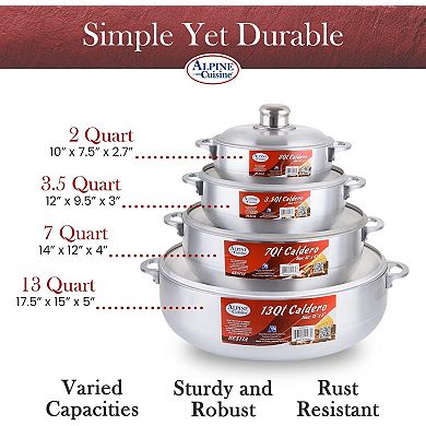 Aramco 8 Piece Alpine Gourmet Aluminum Caldero Set, 2/3.5/7/13 Quart, Silver