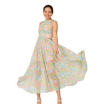 Women's J. Mendel Floral Pleated Bodice Halter Midi Dress