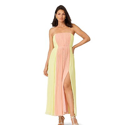 J Mendel Women's Pleated Color Block Midi Dress - Dust Pink and Lime Green