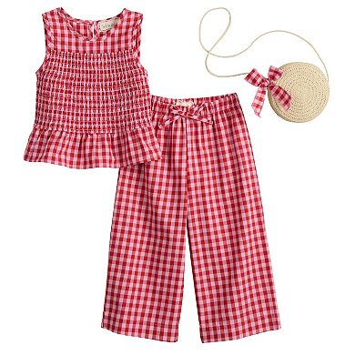 Girls 4-8 BTween 2-Piece Smocked Peplum Top & Gingham Wide-Leg Pants Set