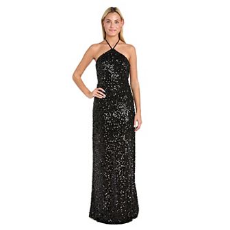Juniors' Morgan and Co Long Sequin Halter Tie Neck Dress