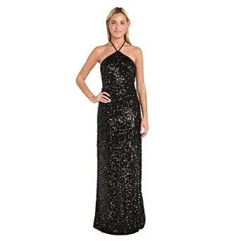 Juniors' Morgan and Co Long Sequin Halter Tie Neck Dress