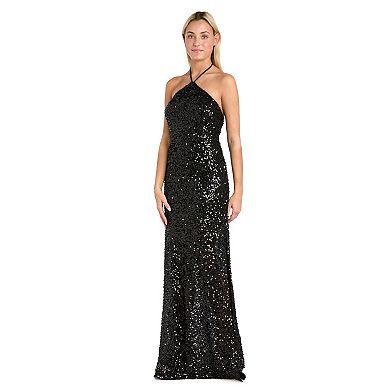 Juniors' Morgan and Co Long Sequin Halter Tie Neck Dress