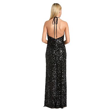 Juniors' Morgan and Co Long Sequin Halter Tie Neck Dress