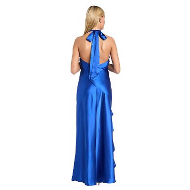 Juniors' Morgan and Co Long Halter Tie Neck Satin Ruffle Side Slit Dress