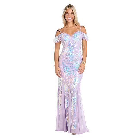 Женские платья Morgan Juniors' Morgan and Co Long Floral Sequin Pattern Ruffle Cap Sleeve Dress