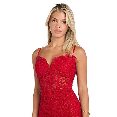 Juniors' Morgan and Co Lace Illusion Corset Evening Gown