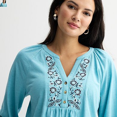Women's Croft & Barrow® Embroidered Henley Top