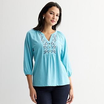 Women's Croft & Barrow® Embroidered Henley Top
