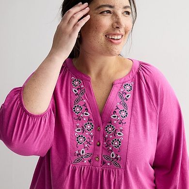 Plus Size Croft & Barrow® Embroidered Henley Top