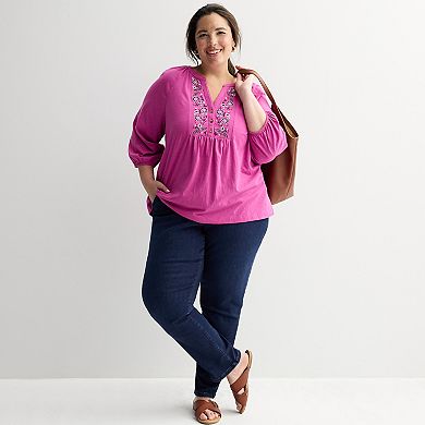 Plus Size Croft & Barrow® Embroidered Henley Top