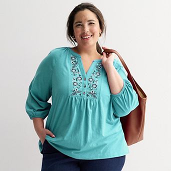 Plus Size Croft & Barrow® Embroidered Henley Top