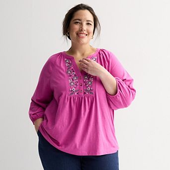 Plus Size Croft & Barrow® Embroidered Henley Top