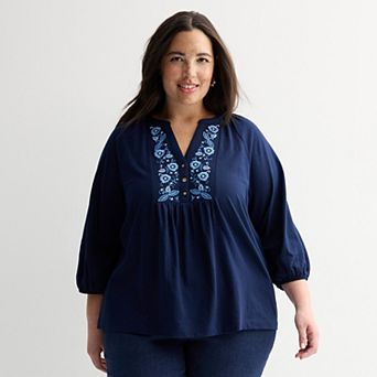 Plus Size Croft & Barrow® Embroidered Henley Top