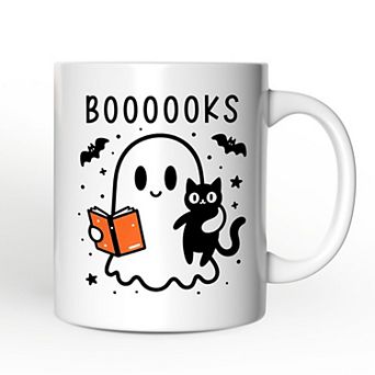Boooooks and Purrs, Halloween Mug, Cute Books and Cats Lover Ghost Gift