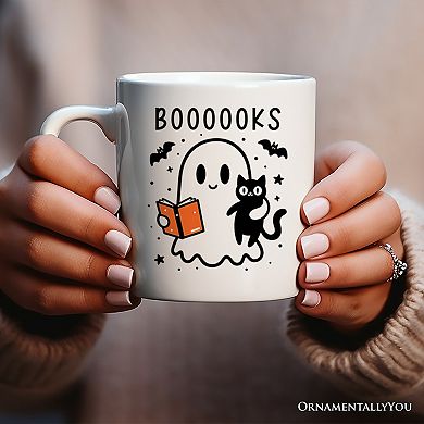 Boooooks and Purrs, Halloween Mug, Cute Books and Cats Lover Ghost Gift