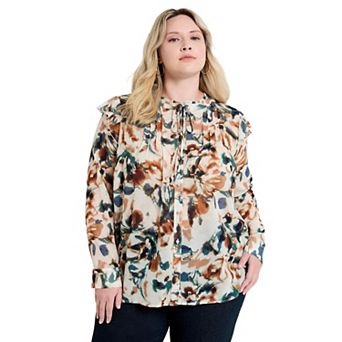 June + Vie Women's Plus Size Ruffle Button-Down Blouse