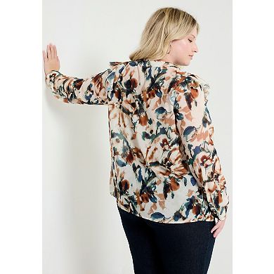 June + Vie Women's Plus Size Ruffle Button-Down Blouse