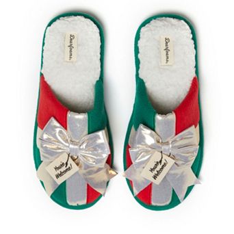 Dearfoams Holiday Green Gift Bow Novelty Adult Scuff Slippers