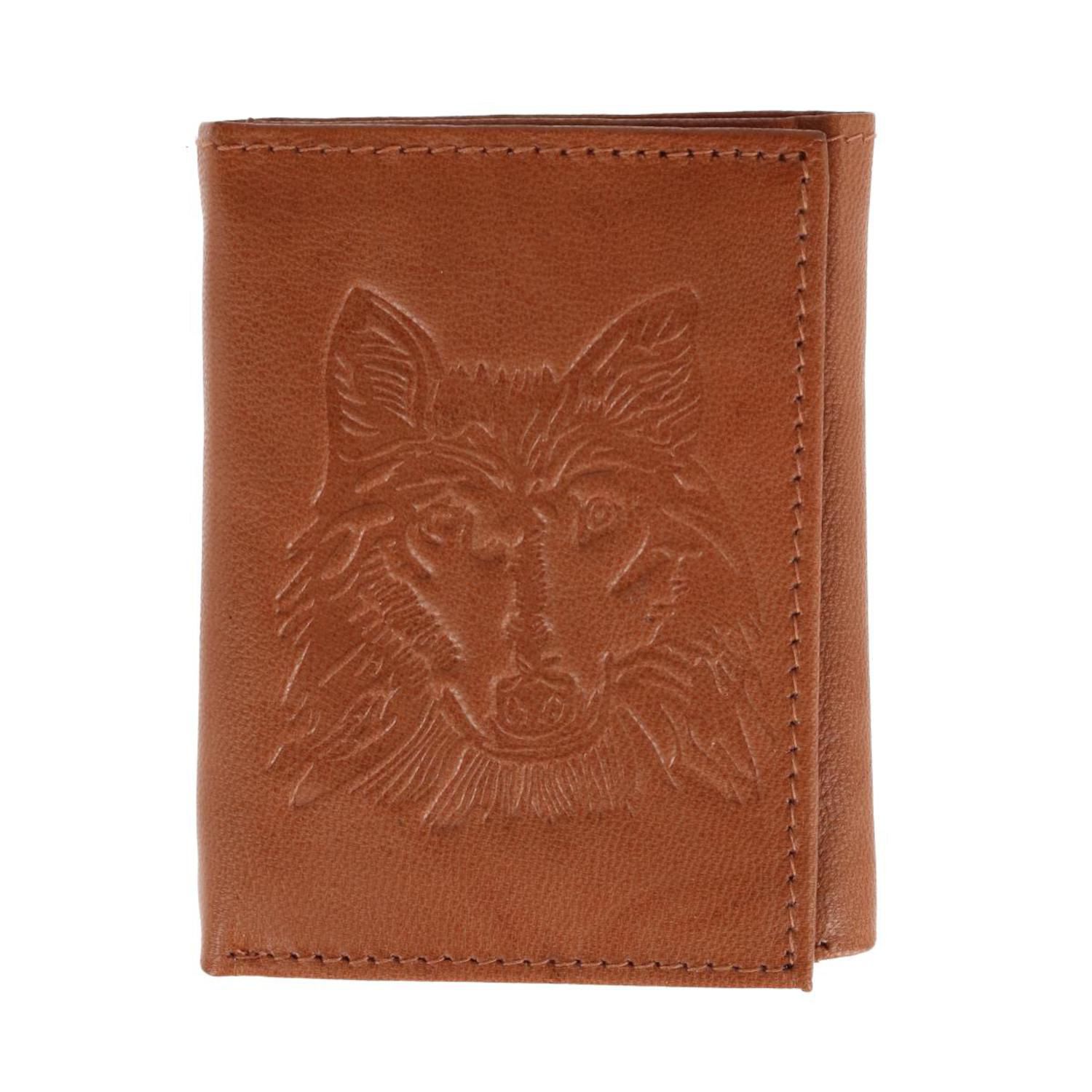 Lucky Brand Men's Leather Trifold Wallet - American Flag Embossed, RFID Blocking, 6 Card Slots, Tan, One Size