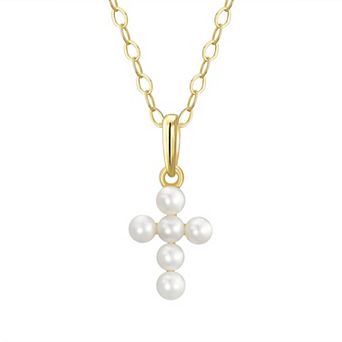 Charming Girl 14k Gold Freshwater Pearl Cross Pendant Necklace