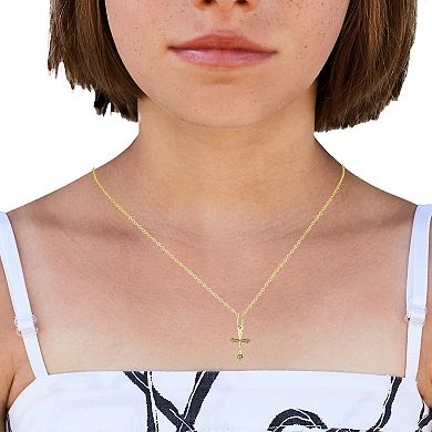 Charming Girl 14k Gold Satin Diamond Cut Cross Pendant Necklace