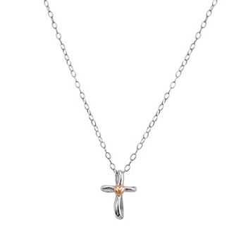 Charming Girl Kids' Two Tone Sterling Silver Heart Cross Pendant Necklace