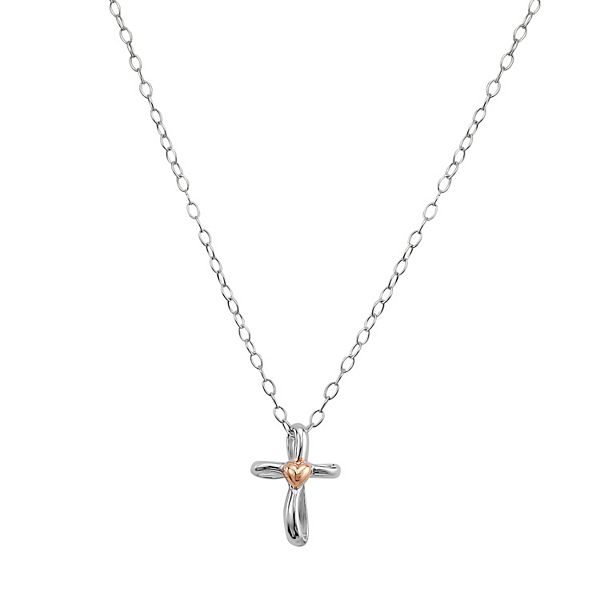 Charming Girl Kids' Two Tone Sterling Silver Heart Cross Pendant Necklace - Two Tone