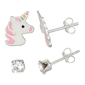 Charming Girl Kids' Sterling Silver Crystal & Unicorn Stud Earrings Set