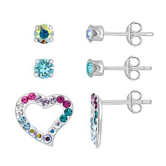 Charming Girl Kids' Sterling Silver 3-Pair Crystal Heart Stud Earring Set