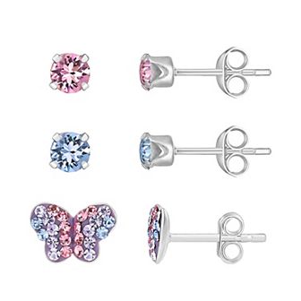 Charming Girl Kids' Sterling Silver 3-Pair Crystal Butterfly Stud Earring Set