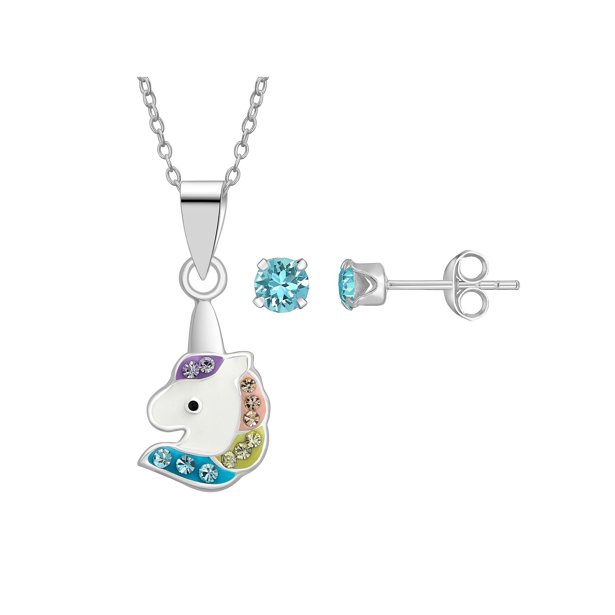 Charming Girl Kids Sterling Silver Crystal Stud Earring & Unicorn Pendant 