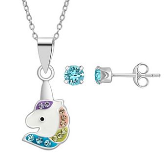 Charming Girl Kids' Sterling Silver Crystal Stud Earring & Unicorn Pendant Necklace Set