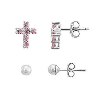 Charming Girl Kids' Sterling Silver Simulated Pearl & Pink Cubic Zirconia Cross Stud Earring Set