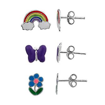 Charming Girl Kids' Sterling Silver 3-Pair Enamel Butterfly, Flower & Rainbow Stud Earring Set