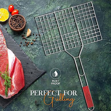 Alpine Cuisine Bbq Grill Flat Basket 24 Inch Rectangular With Comfortable Wood Handle