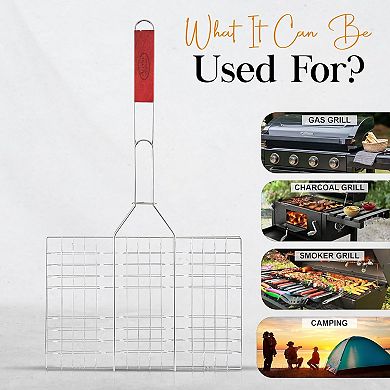 Alpine Cuisine Bbq Grill Flat Basket 24 Inch Rectangular With Comfortable Wood Handle