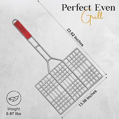 Alpine Cuisine Bbq Grill Flat Basket 24 Inch Rectangular With Comfortable Wood Handle