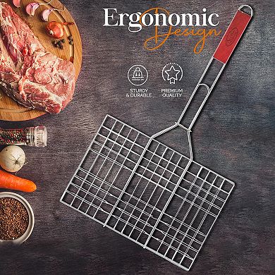 Alpine Cuisine Bbq Grill Flat Basket 24 Inch Rectangular With Comfortable Wood Handle