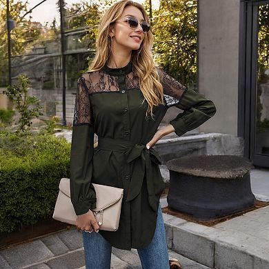Women's Long Sleeve Button-Up Tunic Shirt with Lace Panels and Waist Tie